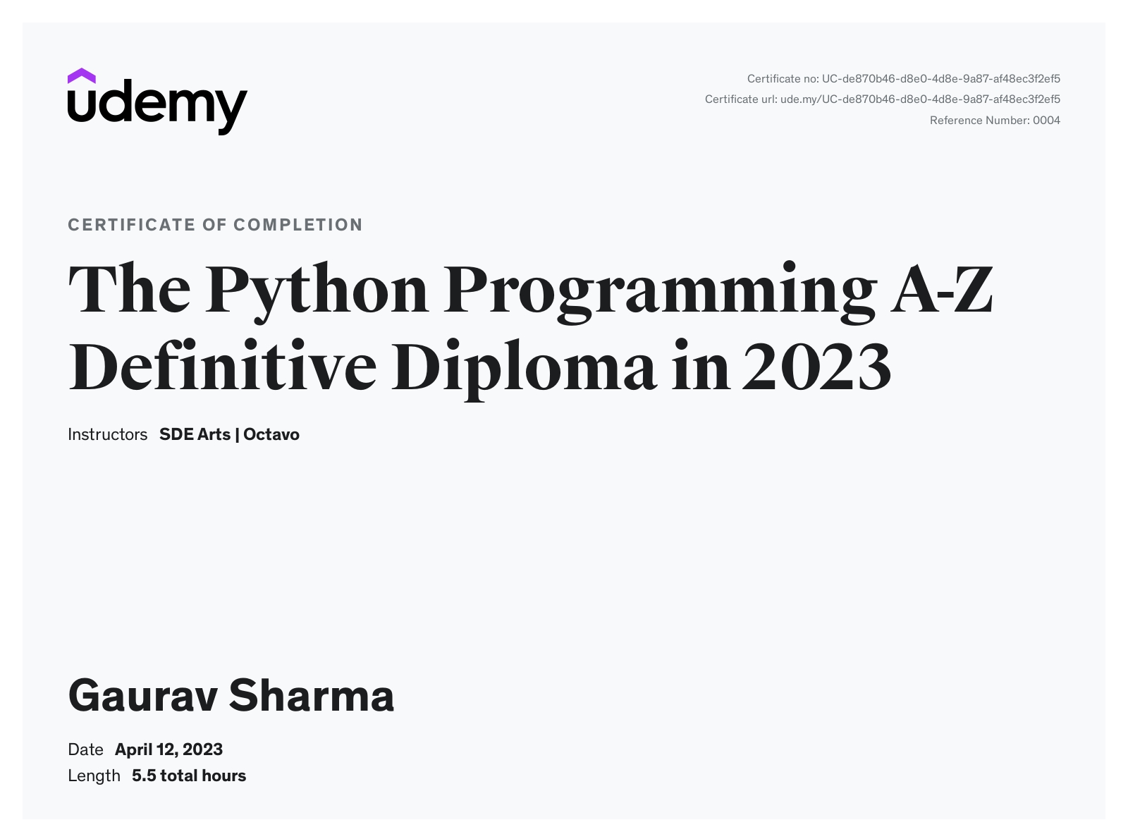 Udemy Python A‑Z certificate